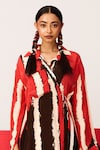 LABEL SHRISTI CHETANI_Red Crepe Printed Linear V-neck Shirt With Flared Pant_Online_at_Aza_Fashions