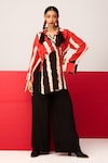 Buy_LABEL SHRISTI CHETANI_Red Crepe Printed Linear V-neck Asymmetrical Shirt_at_Aza_Fashions