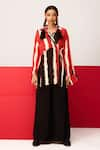 LABEL SHRISTI CHETANI_Red Crepe Printed Linear V-neck Asymmetrical Shirt_Online_at_Aza_Fashions