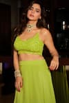 Buy_Premya By Manishii_Green Tulle Embroidery Sequin Leaf Neck Blouse Skirt Set 