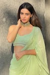 Buy_Premya By Manishii_Green Tulle Embroidery Sequin Leaf Neck Saree With Blouse _at_Aza_Fashions