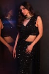 Buy_Premya By Manishii_Black Tulle Embroidery Sequin Leaf Neck Mermaid Skirt Saree With Blouse _Online_at_Aza_Fashions