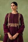 Buy_Sureena Chowdhri_Wine Kurta And Palazzo Silk Chanderi Embroidered Antique Thread Mughal Jaal Set _Online_at_Aza_Fashions