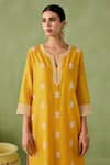 Sureena Chowdhri_Yellow Silk Chanderi Embroidered Pearl Notched Breeze Work Kurta Set_Online_at_Aza_Fashions