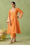 Shop_Sureena Chowdhri_Orange Silk Chanderi Embroidered Pearl Glass Neck Mirage Kurta Set_at_Aza_Fashions
