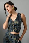 Buy_Fishcanfly_Blue Linen Printed Wave V Neck Wondersea Waistcoat _Online_at_Aza_Fashions