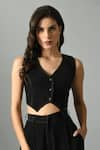 Buy_Fishcanfly_Black Crepe Silk Embroidery Stitchline Thread V Moonshine Placement Waistcoat _at_Aza_Fashions