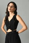 Shop_Fishcanfly_Black Crepe Silk Embroidery Stitchline Thread V Moonshine Placement Waistcoat _at_Aza_Fashions