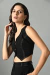 Shop_Fishcanfly_Black Crepe Silk Embroidery Stitchline Thread V Moonshine Placement Waistcoat _Online_at_Aza_Fashions