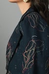 Fishcanfly_Blue Linen Printed Floral Notched Lapel Collar Alice In Wondersea Trench Jacket _Online_at_Aza_Fashions