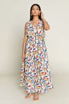 Rias Jaipur_Multi Color Linen Tenssil Print Escher V Neck Sleeveless Maxi Dress _Online_at_Aza_Fashions