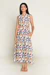 Buy_Rias Jaipur_Multi Color Linen Tenssil Print Escher Round Neck Side Cut Out Dress _at_Aza_Fashions