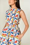 Rias Jaipur_Multi Color Linen Tenssil Print Escher Round Neck Side Cut Out Dress _at_Aza_Fashions