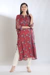 SHRADDHA RAMBHIA_Red Malai Silk Printed Floral Mandarin Collar Kurta_Online_at_Aza_Fashions
