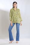 Buy_SHRADDHA RAMBHIA_Green Slub Silk Embroidered Thread Collared Batki Print Asymmetric Shirt_at_Aza_Fashions