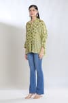 SHRADDHA RAMBHIA_Green Slub Silk Embroidered Thread Collared Batki Print Asymmetric Shirt_Online_at_Aza_Fashions