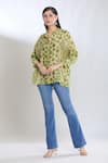 Buy_SHRADDHA RAMBHIA_Green Slub Silk Embroidered Thread Collared Batki Print Asymmetric Shirt_Online_at_Aza_Fashions