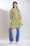 Buy_SHRADDHA RAMBHIA_Green Slub Silk Embroidered Thread Band Collar Batki Print Kurta_at_Aza_Fashions