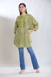 SHRADDHA RAMBHIA_Green Slub Silk Embroidered Thread Band Collar Batki Print Kurta_Online_at_Aza_Fashions