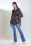 Buy_SHRADDHA RAMBHIA_Black Malai Silk Printed Floral Collared Asymmetric Shirt_Online_at_Aza_Fashions