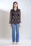 SHRADDHA RAMBHIA_Black Malai Silk Printed Floral Collared Asymmetric Shirt_at_Aza_Fashions