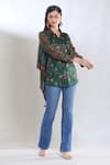 SHRADDHA RAMBHIA_Green Malai Silk Printed Floral Collared Asymmetric Back-tie Up Shirt_Online_at_Aza_Fashions