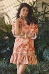 Buy_Sonam Parmar Jhawar_Orange Linen Printed Paradise Tie-up Neck Irene Dress _at_Aza_Fashions