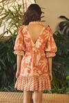 Shop_Sonam Parmar Jhawar_Orange Linen Printed Paradise Tie-up Neck Irene Dress _at_Aza_Fashions