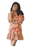 Sonam Parmar Jhawar_Orange Linen Printed Paradise Tie-up Neck Irene Dress _Online_at_Aza_Fashions