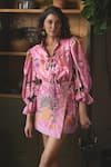 Buy_Sonam Parmar Jhawar_Pink Linen Printed Paradise Stand Collar Georgia Shirt And Skirt Set _at_Aza_Fashions