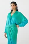 Studio Rigu_Blue Vegan Silk Ombre Shirt Collar Caspian Draped Dress _Online_at_Aza_Fashions