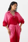 Studio Rigu_Pink Vegan Silk Shaded Shirt Collar Draped Dress _Online_at_Aza_Fashions