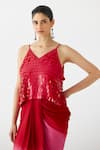 Studio Rigu_Red Vegan Silk Embellished Ombre V-neck Top With Draped Skirt _Online_at_Aza_Fashions