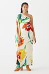 Buy_Studio Rigu_Multi Color Vegan Silk Print Monet Asymmetric Neck Dress _at_Aza_Fashions