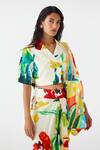 Buy_Studio Rigu_Multi Color Vegan Silk Print Monet Lapel Collar Blazer With Draped Skirt _Online_at_Aza_Fashions