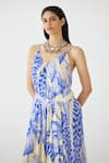 Studio Rigu_Blue Vegan Silk Print Aphrodite V Neck Jumpsuit With Belt _Online_at_Aza_Fashions