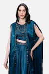 Kelaayah_Blue Satin Chiffon Placement Embroidery Sequins Cape Border Dhoti Pant Set _Online_at_Aza_Fashions