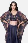 Kelaayah_Purple Organza Print Floral Cape Open Dhoti Skirt Set _Online_at_Aza_Fashions