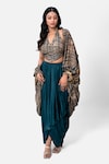 Buy_Kelaayah_Green Satin Print Abstract Grace Cape Open Dhoti Skirt Set_at_Aza_Fashions