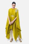 Buy_Kelaayah_Yellow Imported Satin Placement Embroidery Beads Asymmetric Kaftan With Pant _at_Aza_Fashions