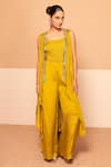 Buy_Kelaayah_Yellow Chinon Embroidery Sequin Square Neck Nalki Bead Wave Cape Palazzo Set _at_Aza_Fashions