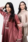 Shop_Kelaayah_Pink Satin Chiffon Embroidery Mirror Collar Neck And Zari Tunic Sharara Set _Online_at_Aza_Fashions