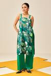 Buy_Couche_Green Kurta 67% Recycled Poly Printed Tropical Square Neck And Flared Pant Set _at_Aza_Fashions