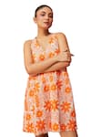 Couche_Orange 70% Linen Printed Botanical Halter Neck Ornated Trapeze Dress_Online_at_Aza_Fashions