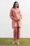 Buy_OMI_Pink Chanderi, Cotton Satin Lace Collared Placket Tunic With Pant _at_Aza_Fashions