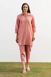 Buy_OMI_Pink Chanderi, Cotton Satin Lace Collared Placket Tunic With Pant 