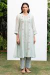 OMI_Green Chanderi, Cotton Satin Lace, Embroidery Floral Thread Work Kurta Pant Set _Online_at_Aza_Fashions