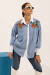 Buy_Urban life_Blue Cotton Poplin Machine Embroidery Orange Collar Striped Shirt _at_Aza_Fashions