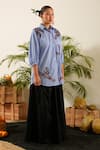 Urban life_Blue Cotton Poplin Machine Embroidery Crab Collar Shirt _at_Aza_Fashions