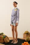Buy_Urban life_Blue Cotton Poplin Hand Embroidery Lemon Collar Twisted Knot Shirt_Online_at_Aza_Fashions